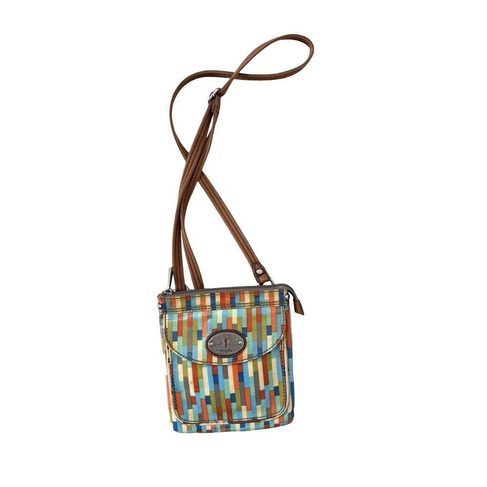 Fossil Key Per Women's Handbag Purse Coated Canvas Strip Multicolor Crossbody